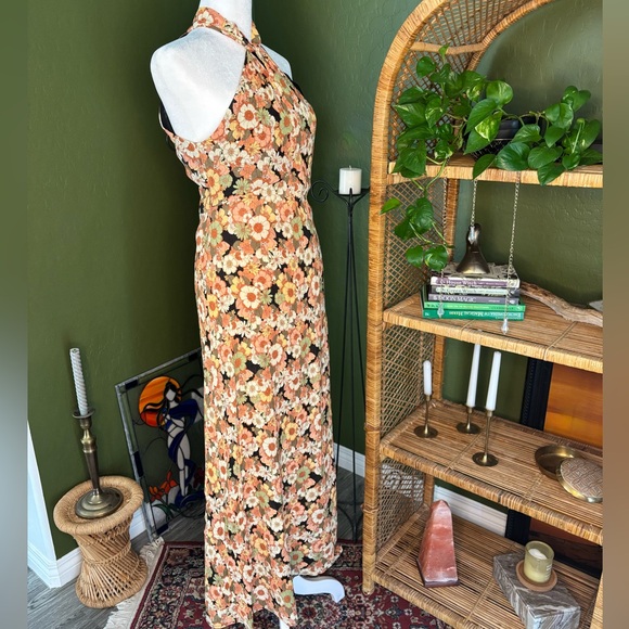 Mango Orange Toned Floral Flower Hippie High Neck Maxi Dress - Picture 4 of 6